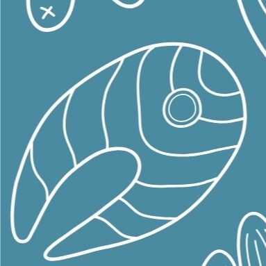 Line drawing of a salmon steak, olives and almonds on a teal background